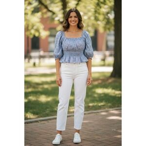 Lush Peplum Blouse Womens Blue Pin Stripe Floral Daisy Smocked Top NWT Size S